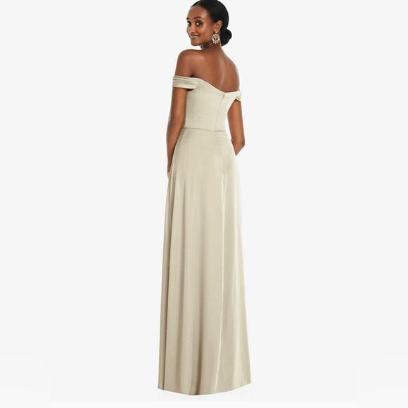 OFF-THE-SHOULDER FLOUNCE SLEEVE EMPIRE WAIST GOWN WITH FRONT SLIT IN CHAMPAGNE - Picture 3 of 16